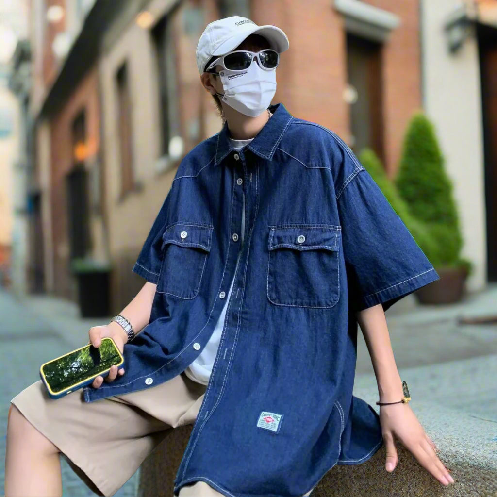 重磅水洗牛仔襯衫 - 男女通用超大短袖款式