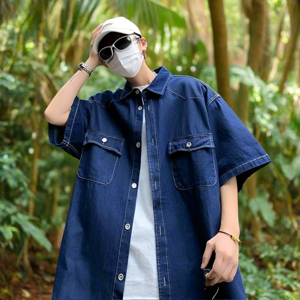 重磅水洗牛仔襯衫 - 男女通用超大短袖款式
