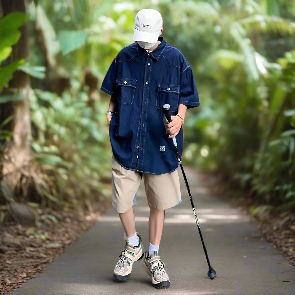 重磅水洗牛仔襯衫 - 男女通用超大短袖款式