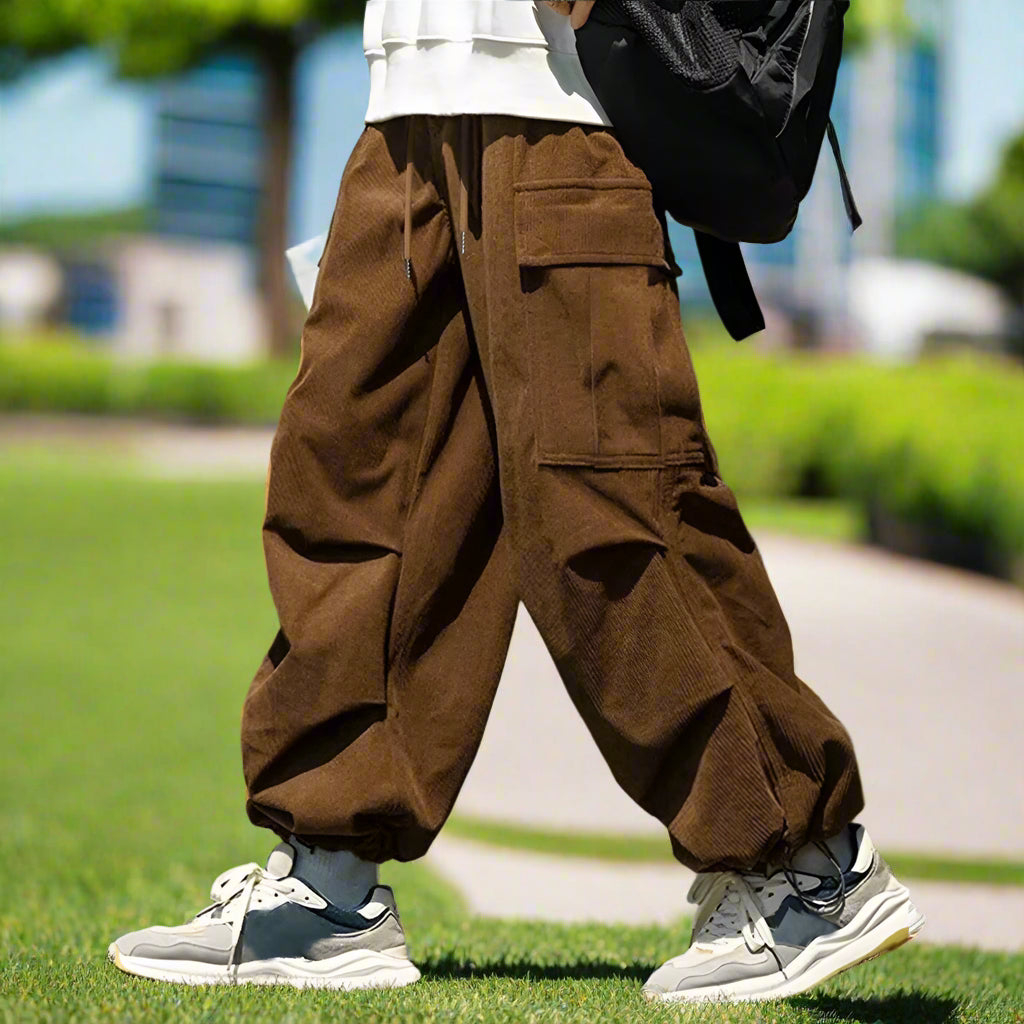 Japanese cityboy cargo pants, corduroy versatile loose wide-leg pants