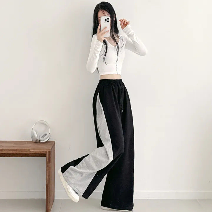 Korean Style Color-Block Wide-Leg Sweatpants (Optional Fleece Lining) | Womens High-Waist Straight Leg Casual Trousers