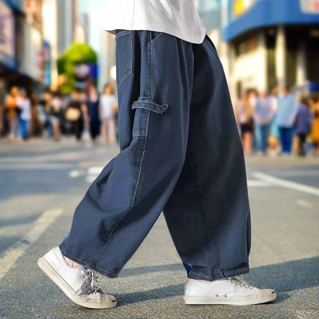 Loose plus-size denim trousers, dark blue vintage wide-legged bloomers
