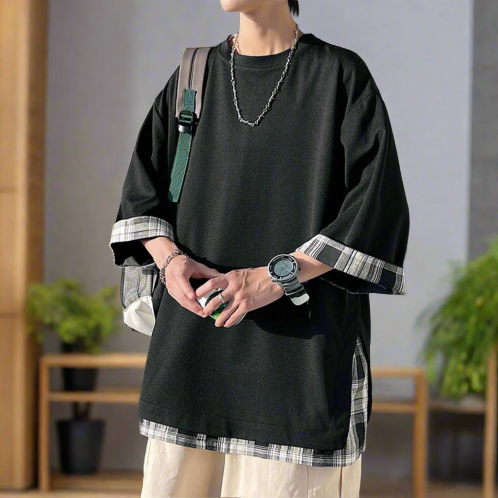 Plaid stitching half sleeve oversize design sense T-shirt - Black