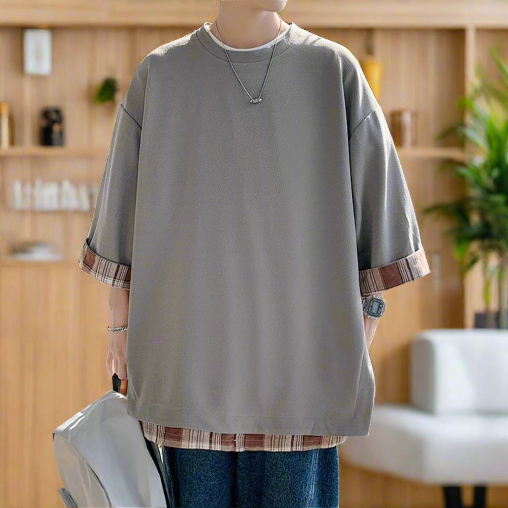 Plaid stitching half sleeve oversize design sense T-shirt - Gray