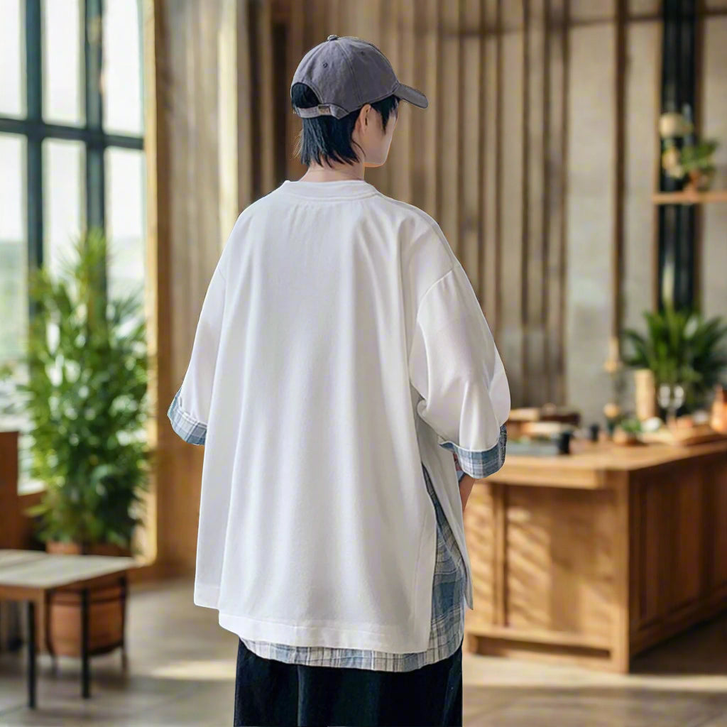 Plaid stitching half sleeve oversize design sense T-shirt - White