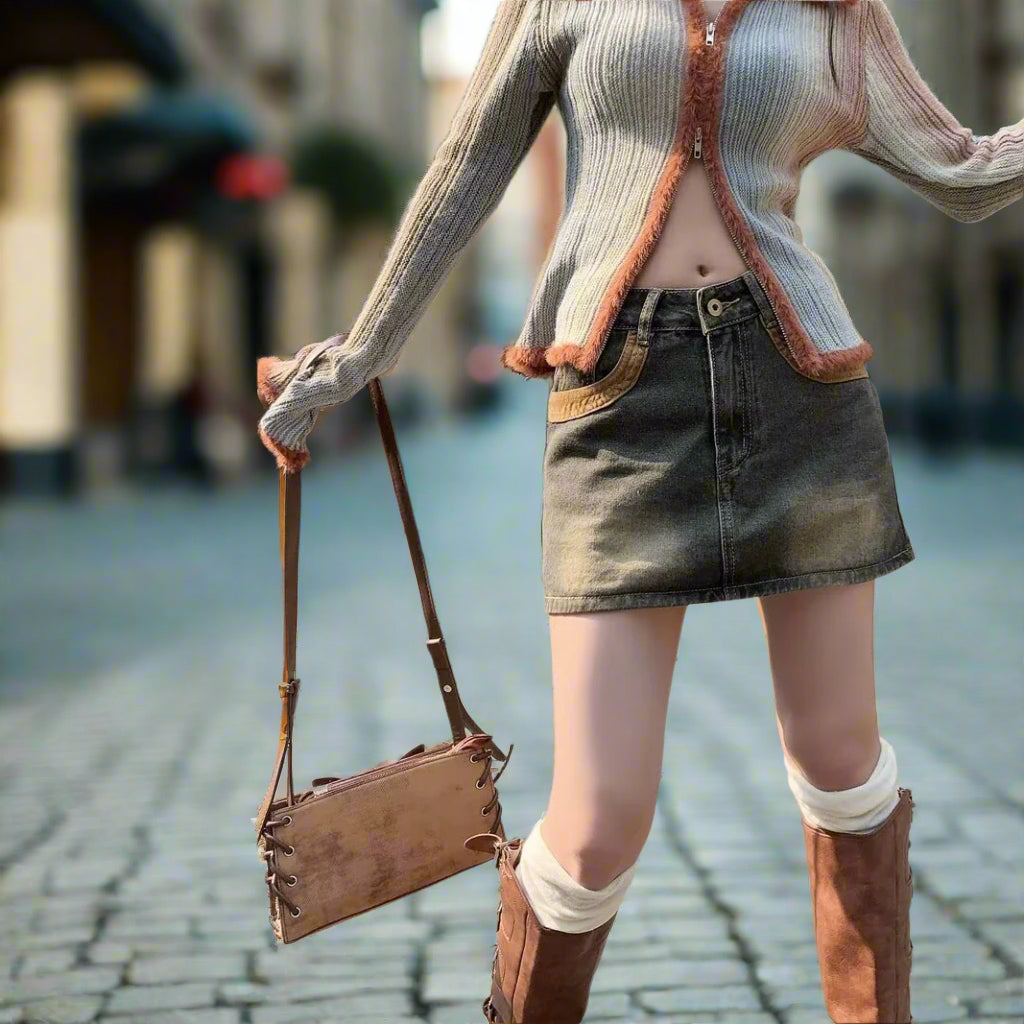 Person wearing a ribbed sweater, denim skirt, and brown knee-high boots with a brown leather bag.