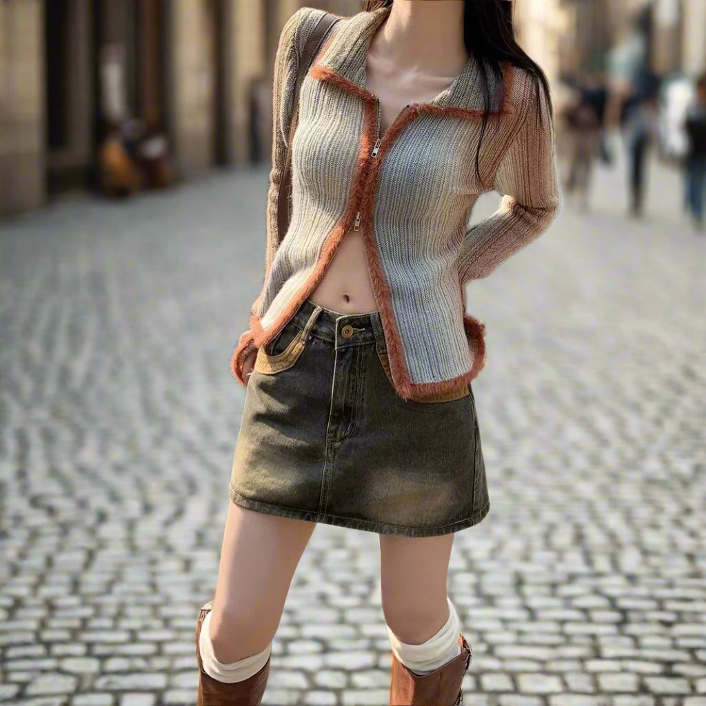 Person wearing a striped cardigan and denim skirt on a street.