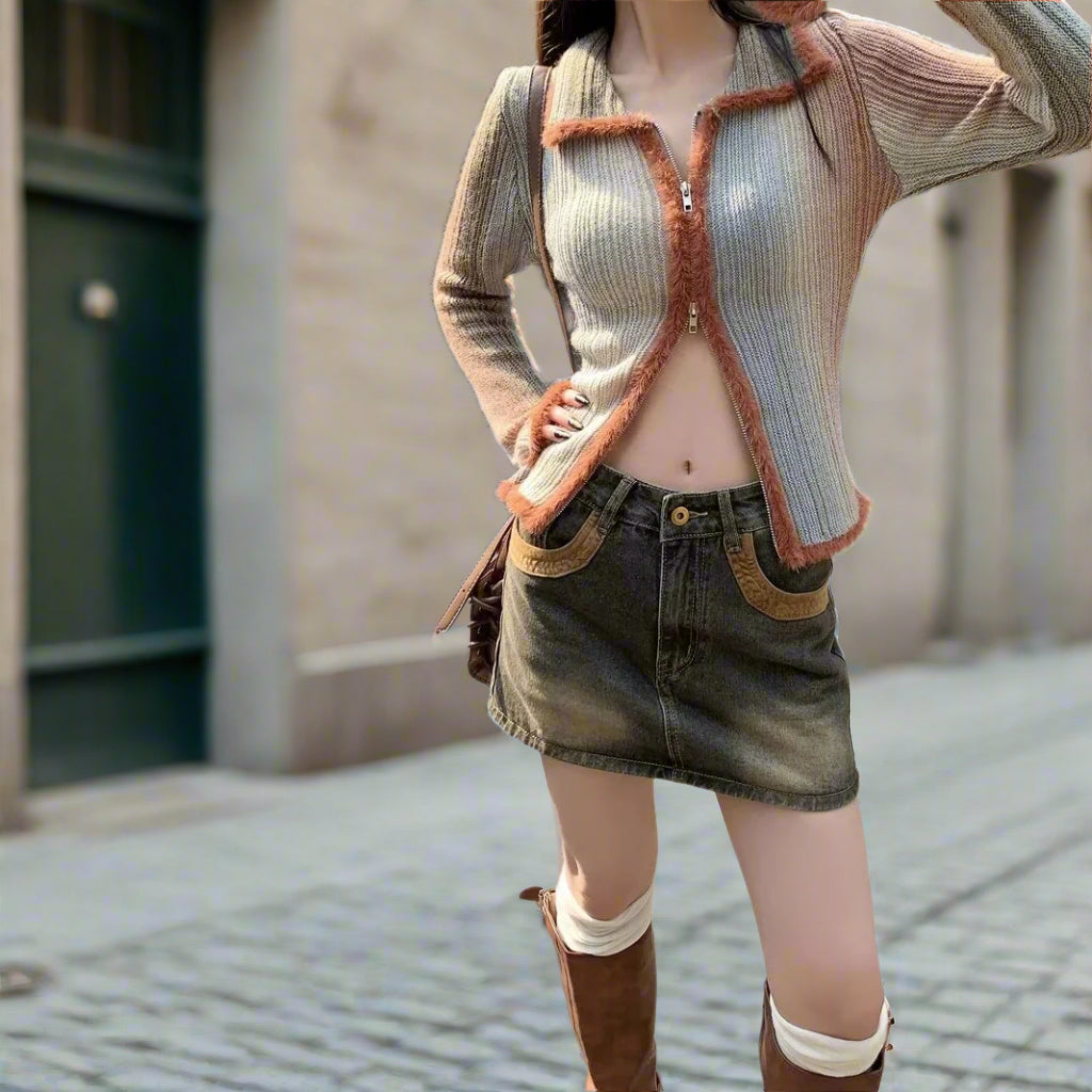 Person wearing a patterned cardigan and denim skirt on a street.