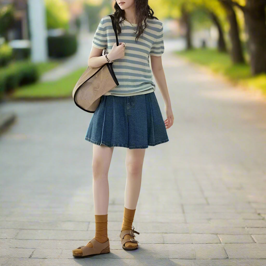 女款高腰A字褶皺牛仔裙/裙褲