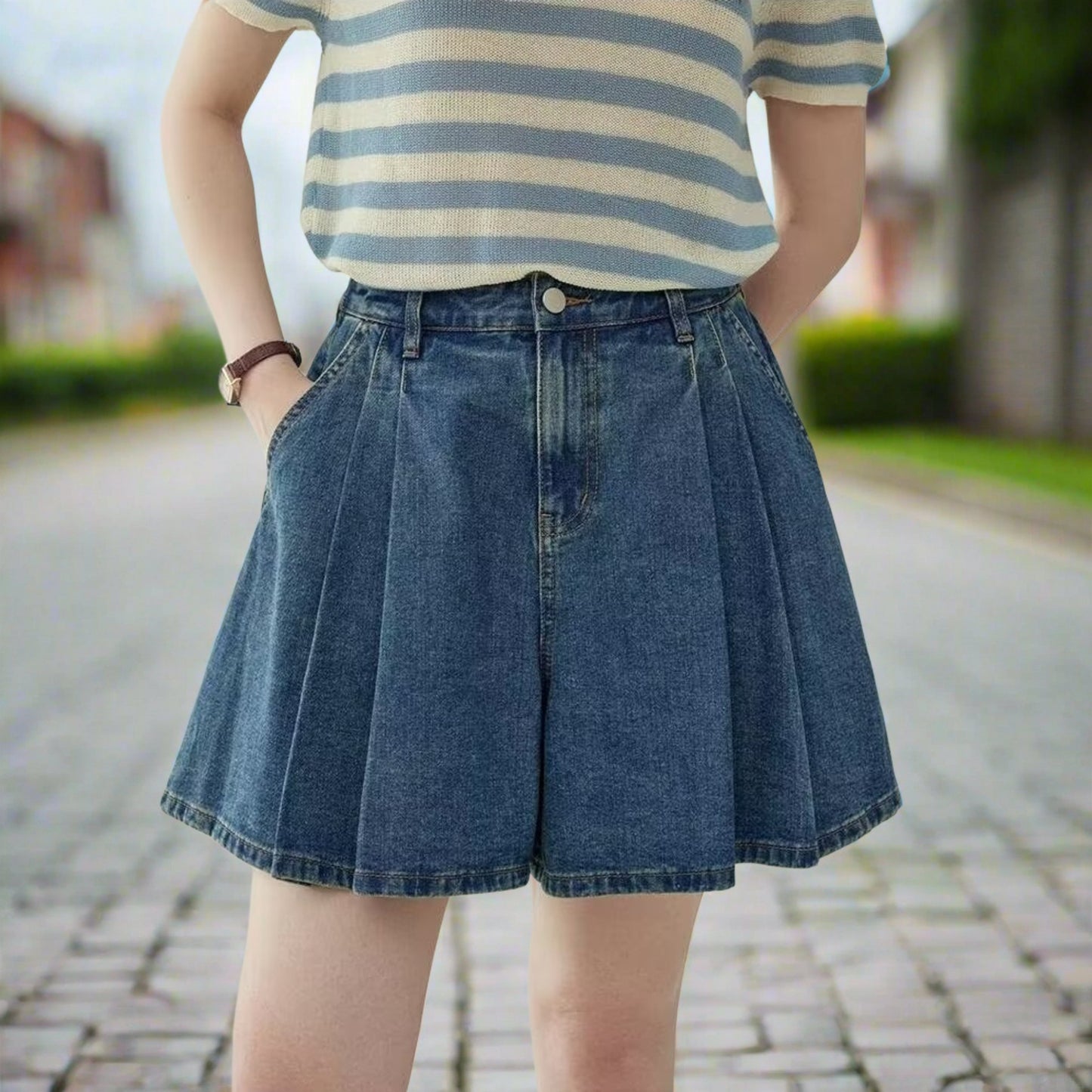 女款高腰A字褶皺牛仔裙/裙褲