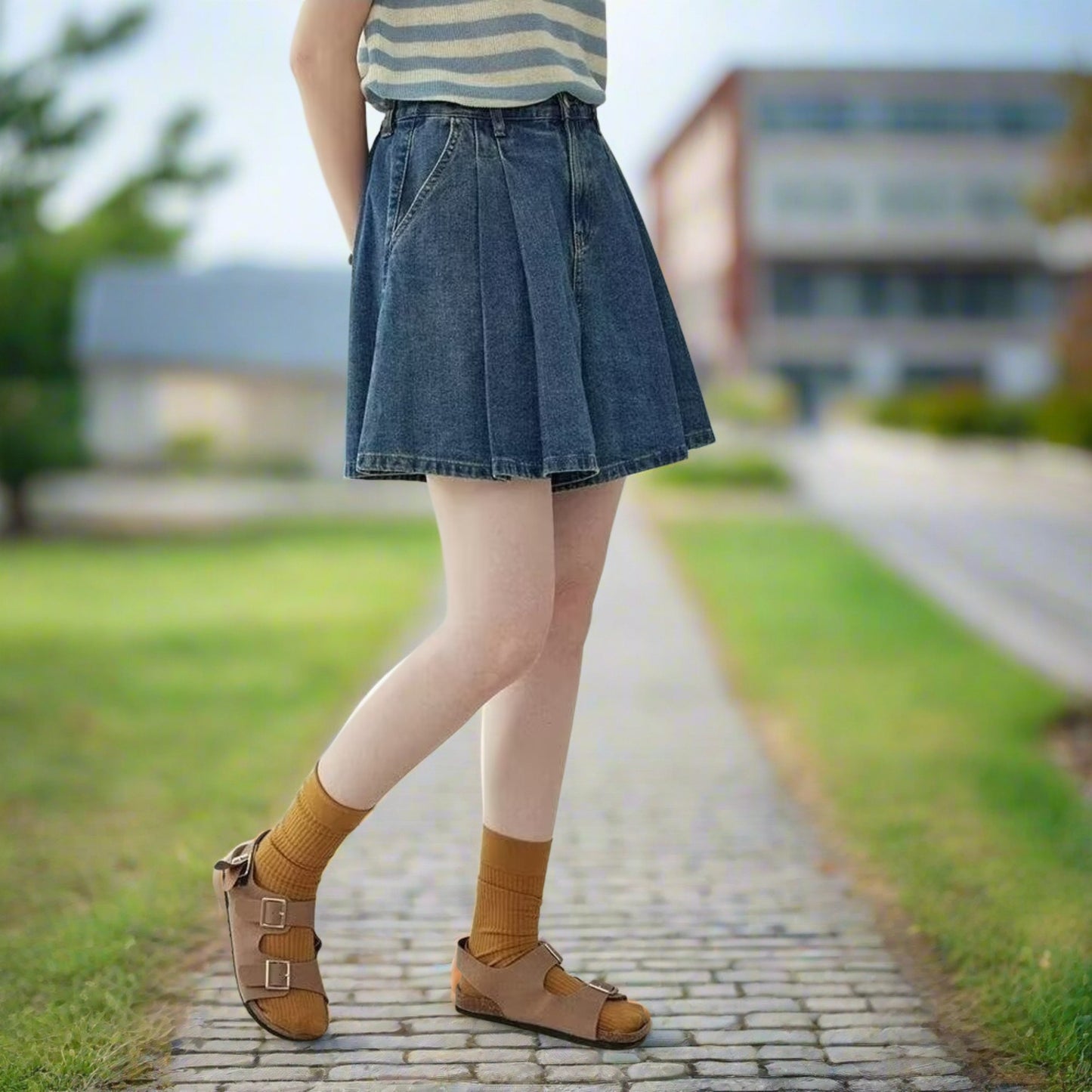 女款高腰A字褶皺牛仔裙/裙褲