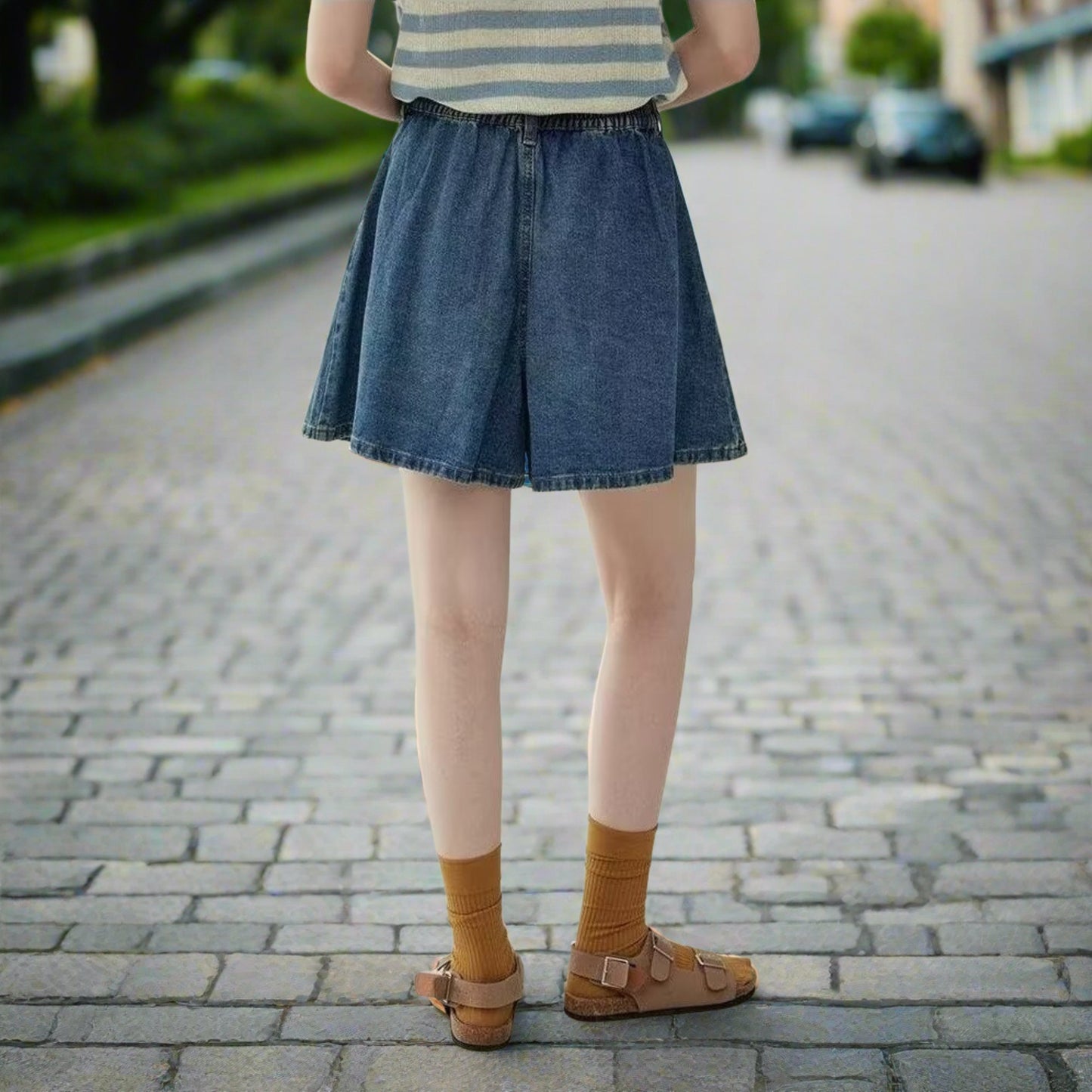 女款高腰A字褶皺牛仔裙/裙褲