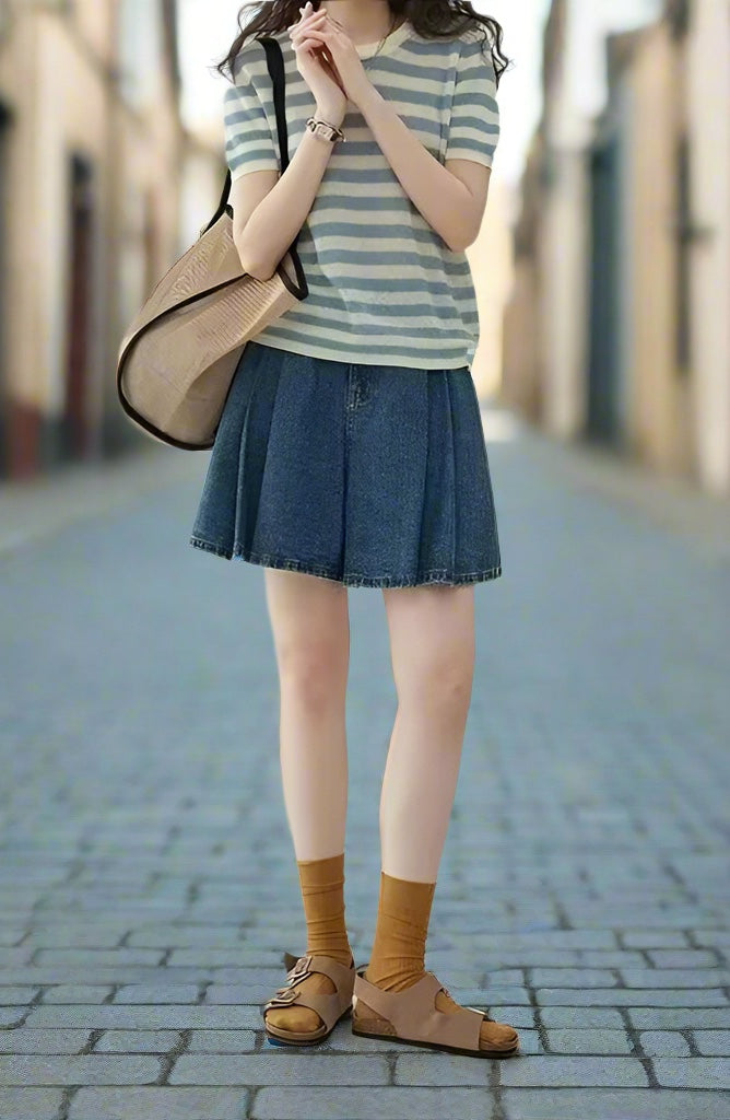 女款高腰A字褶皺牛仔裙/裙褲