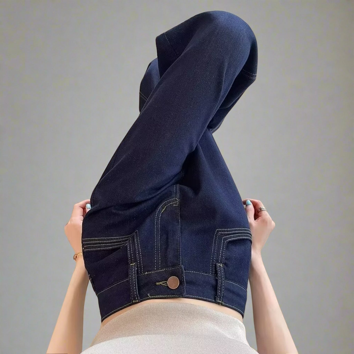 女款高腰深藍色直筒闊腿牛仔褲