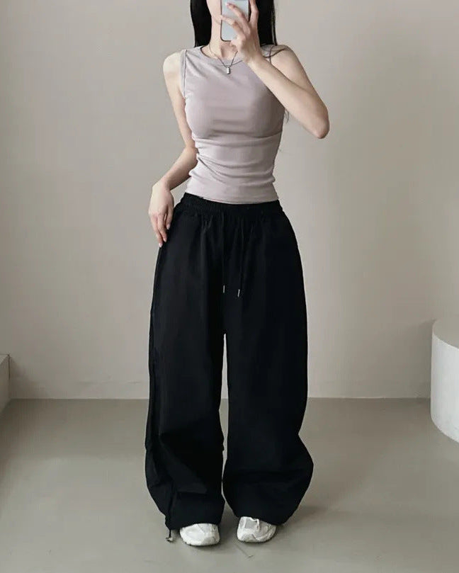 Womens Korean-Style High-Waist Drawstring Wide-Leg Lounge Pants