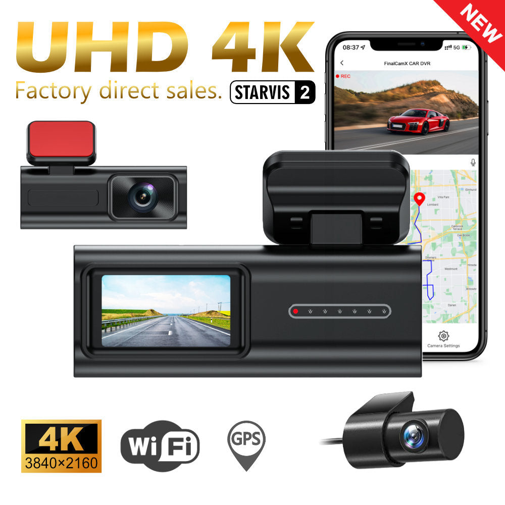 Car dashboard camera system with multiple cameras and display, featuring UHD 4K resolution and GPS.