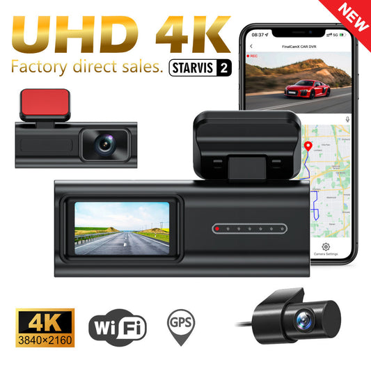 Car dashboard camera system with multiple cameras and display, featuring UHD 4K resolution and GPS.