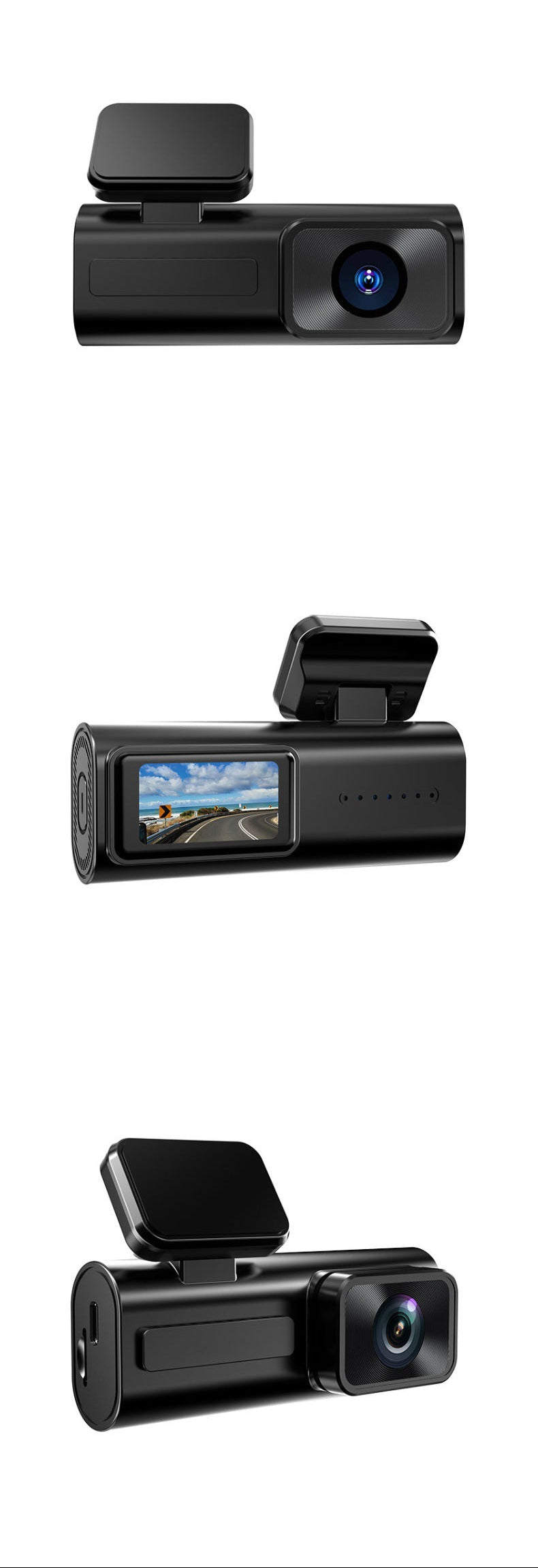 Three different models of a black dashboard camera on a white background