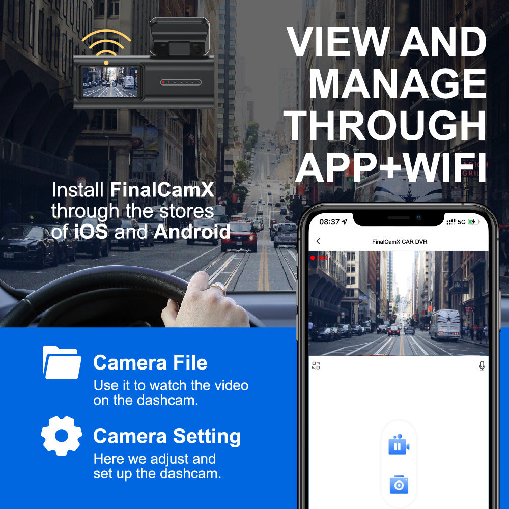 Advertisement for FinalCamX dashboard camera with smartphone app interface and city street background.