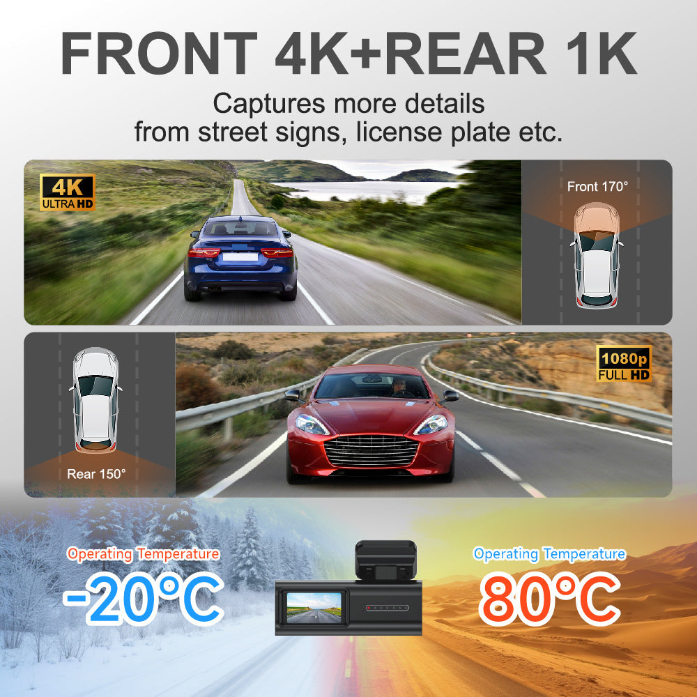 Car dashboard camera advertisement with road scenes and technical details.