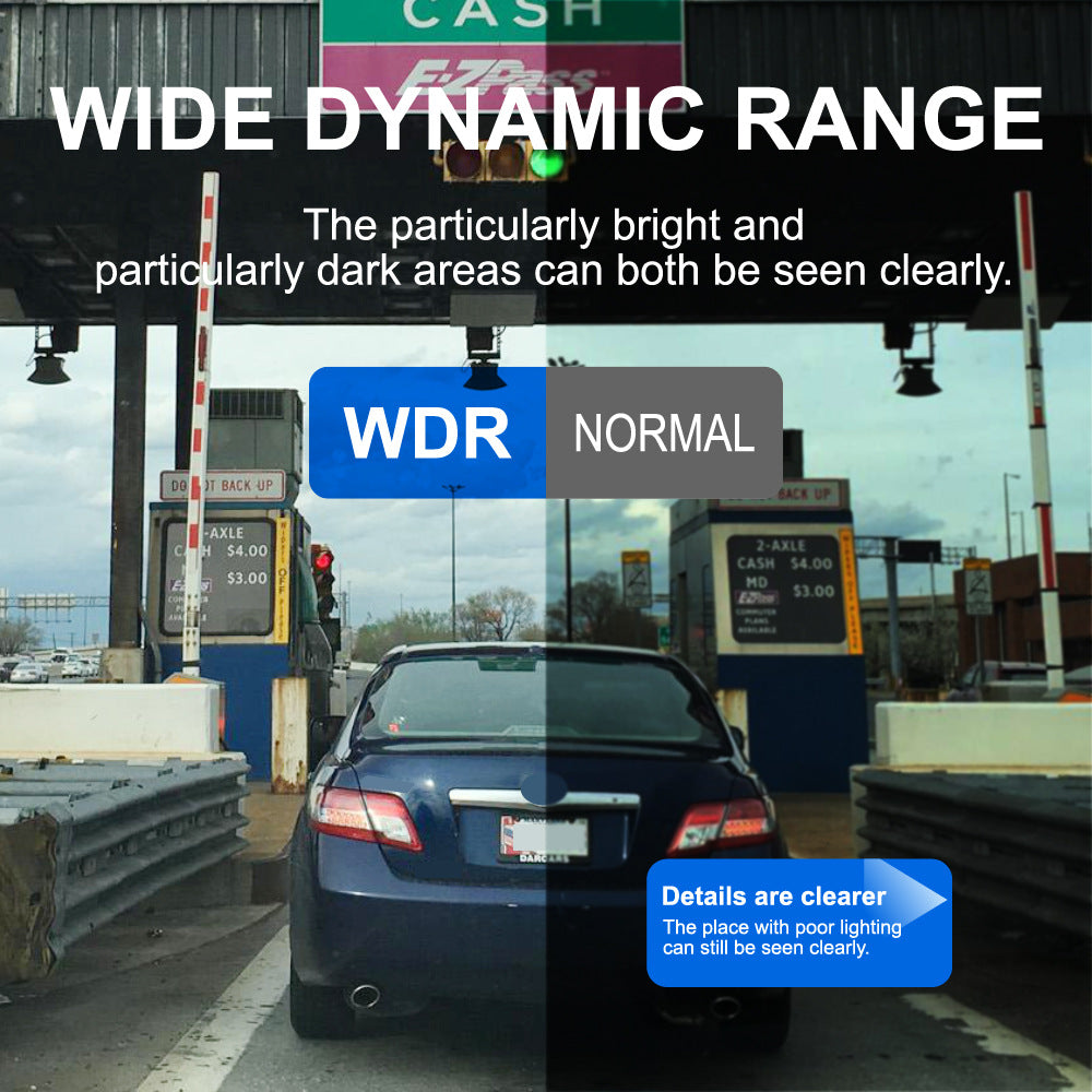 Comparison of WDR (Wide Dynamic Range) and Normal settings at a toll booth.