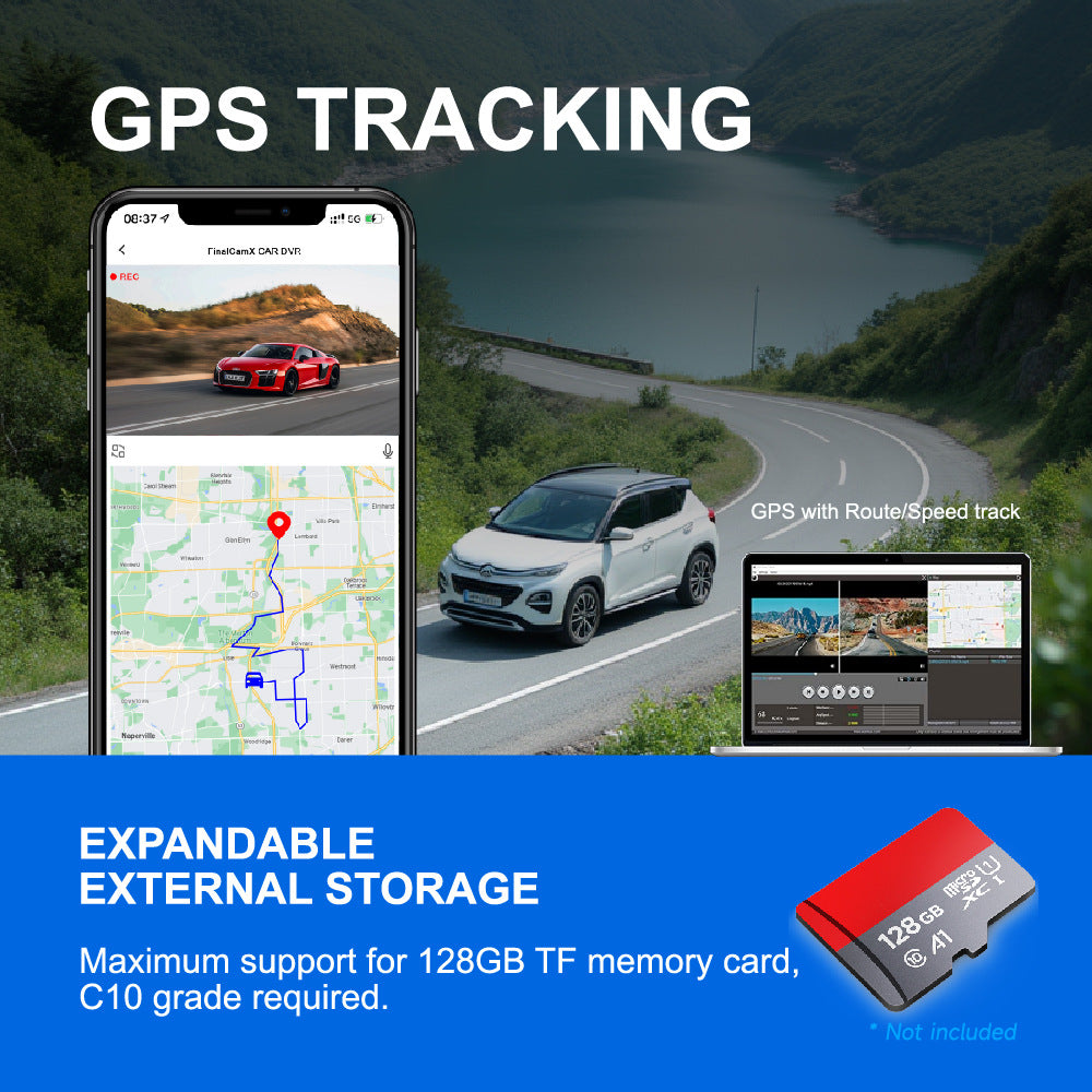 GPS tracking system with smartphone app, car on road, and memory card on blue background