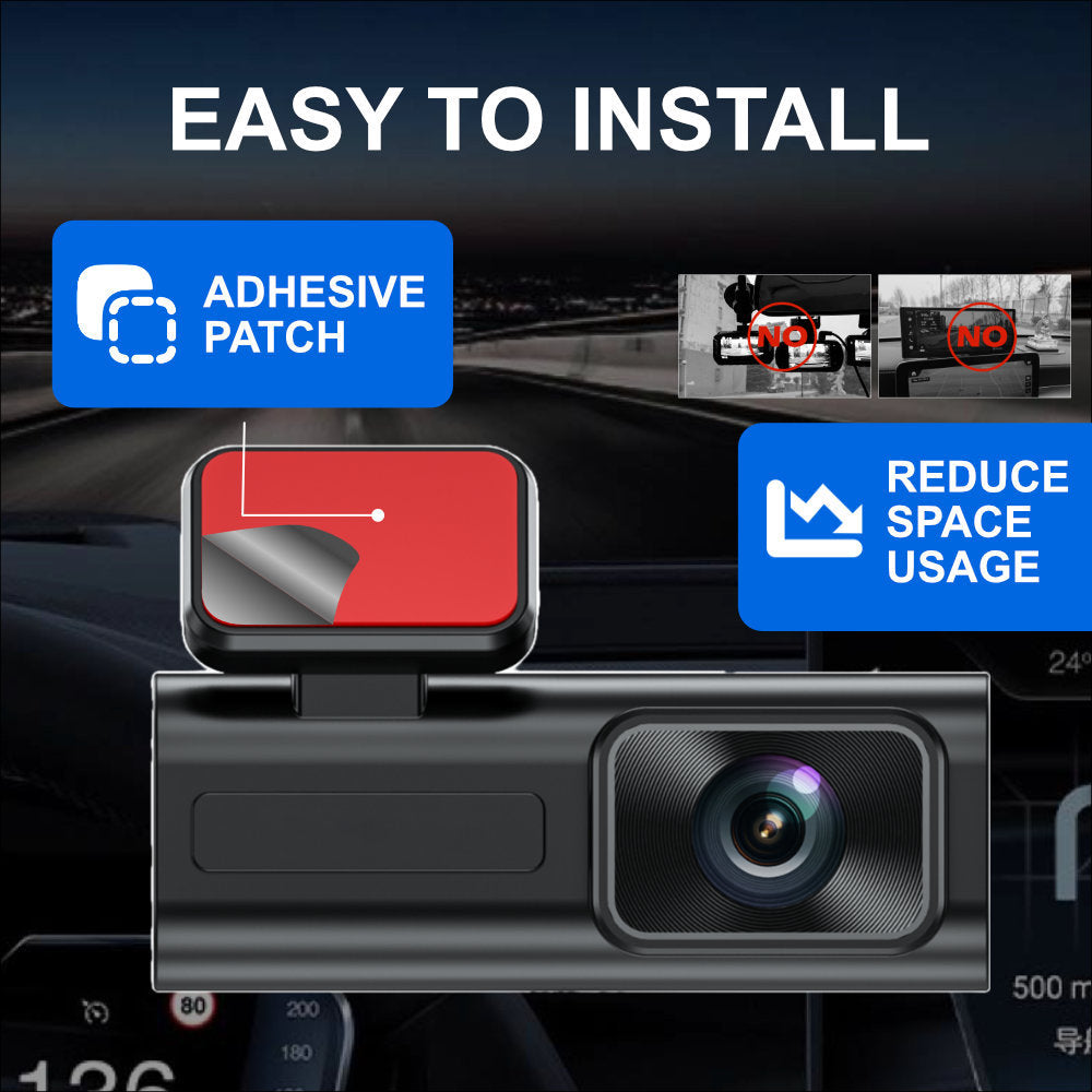 Car dashboard camera with adhesive patch and text indicating ease of installation.