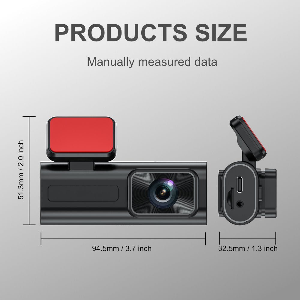 Measurement chart of a car dashboard camera with dimensions labeled.