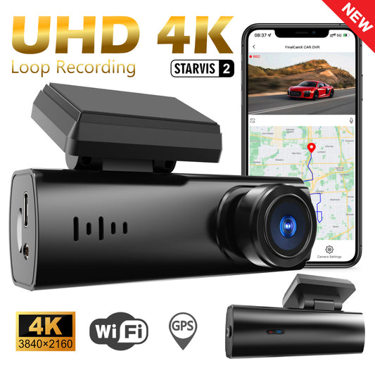 Car dashboard camera with smartphone display showing app interface, UHD 4K resolution, Wi-Fi, and GPS features.