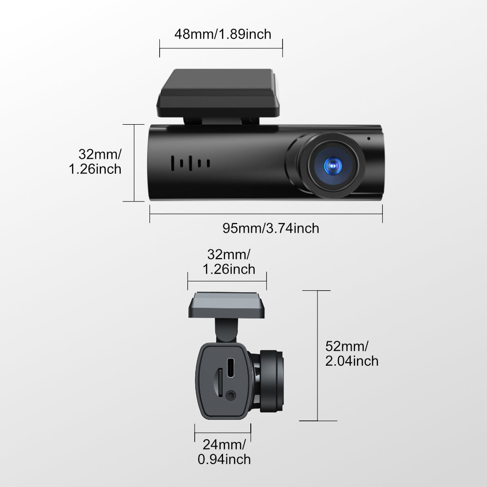 Dimensions of a car dashboard camera with measurement labels on a white background