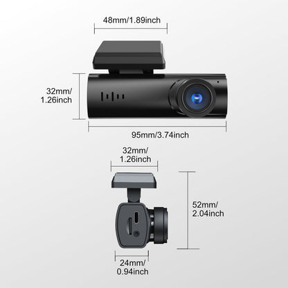 Dimensions of a car dashboard camera with measurement labels on a white background