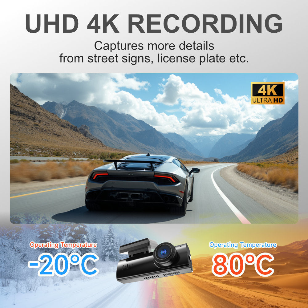 Car dashboard camera with UHD 4K recording capabilities, shown on a scenic road.