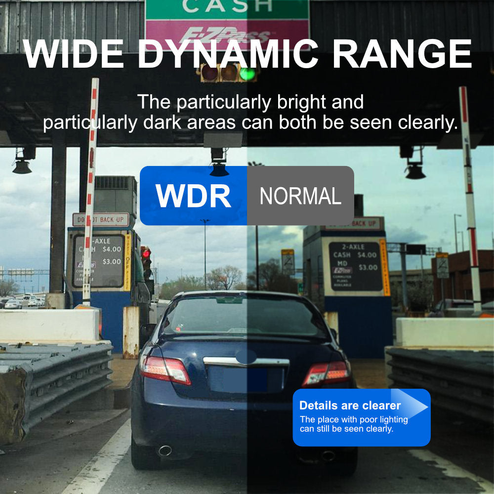 Comparison of WDR (Wide Dynamic Range) and Normal settings on a highway scene with a car at a toll booth.
