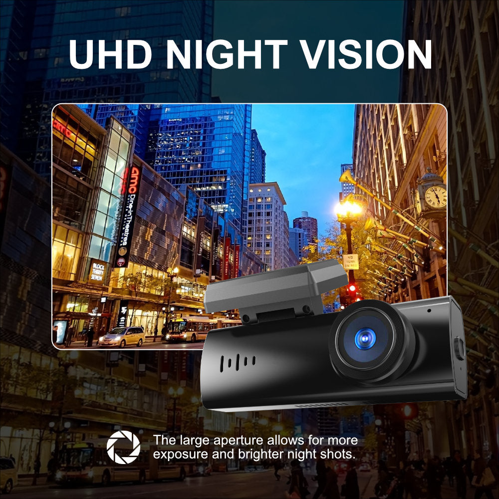 Car dashboard camera with UHD night vision feature on a cityscape background