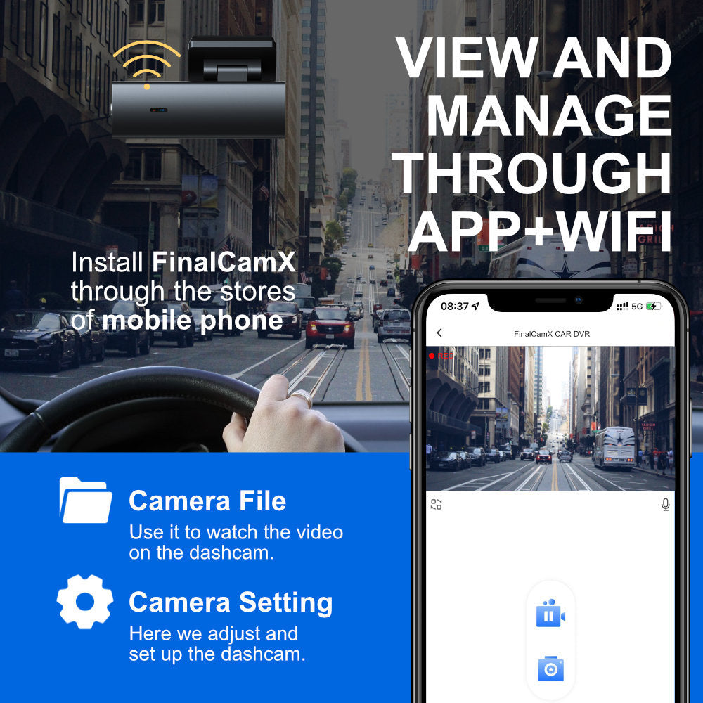 Advertisement for FinalCamX car dashcam with smartphone app interface and city street background.