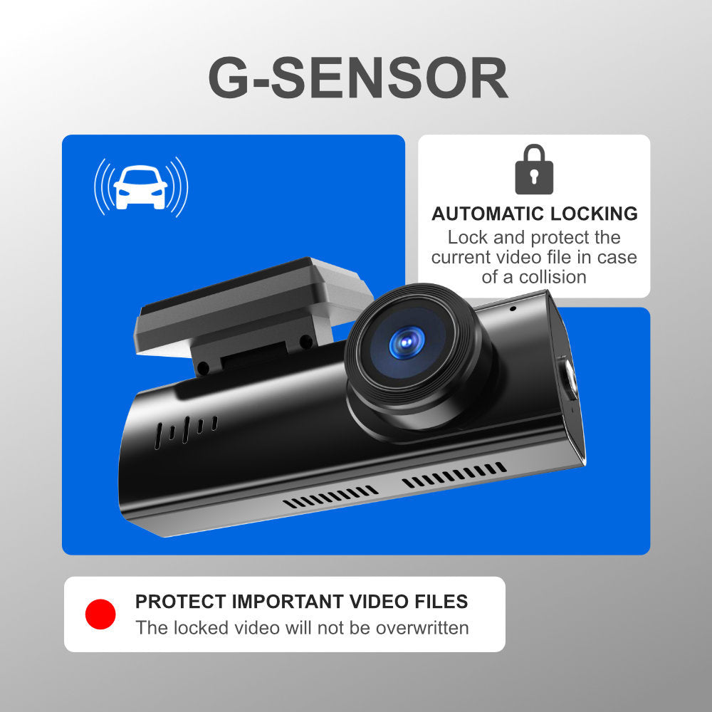 Car dashboard camera with G-sensor and automatic locking feature on a gray background