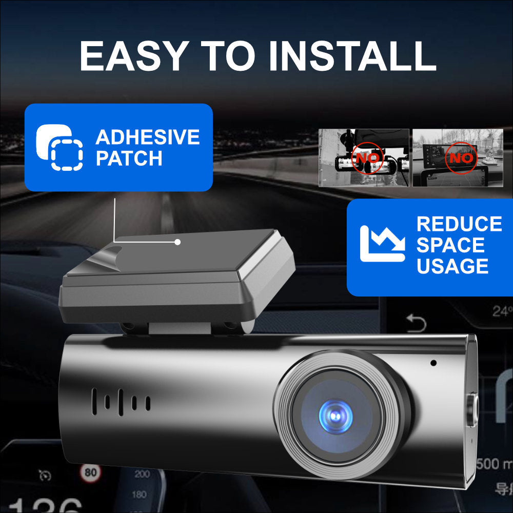 Car dashboard camera with adhesive patch feature on a dark background
