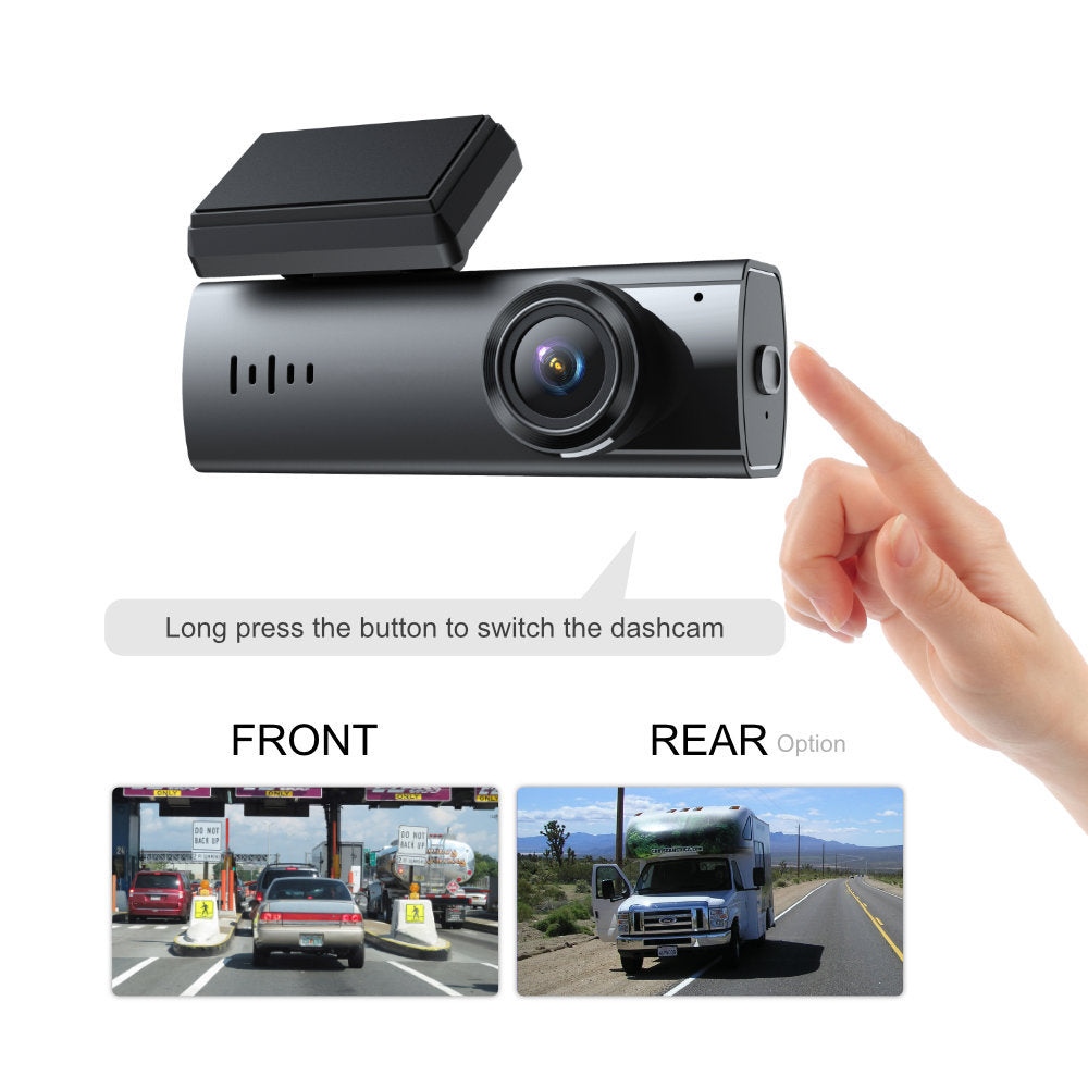 Car dashboard camera with switch between front and rear views, hand pressing a button.