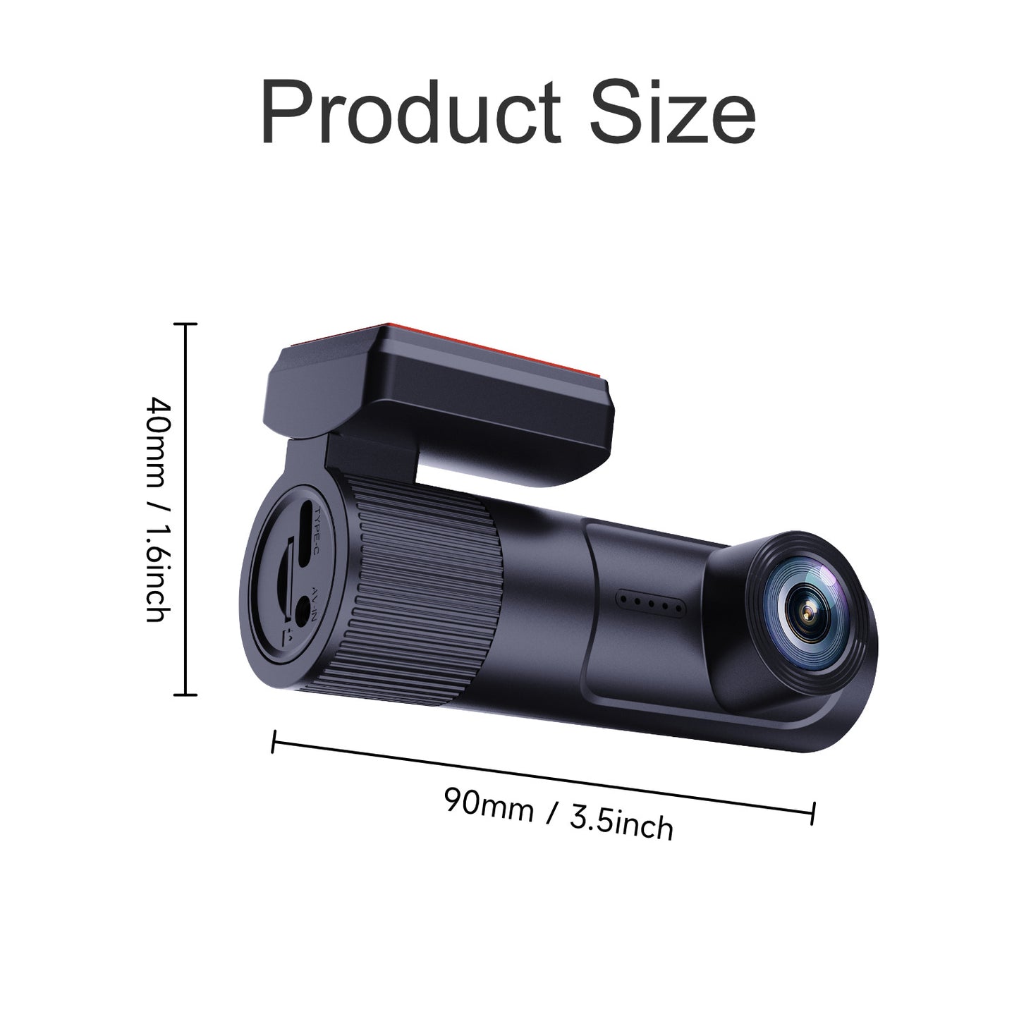 Black camera with measurements on a white background