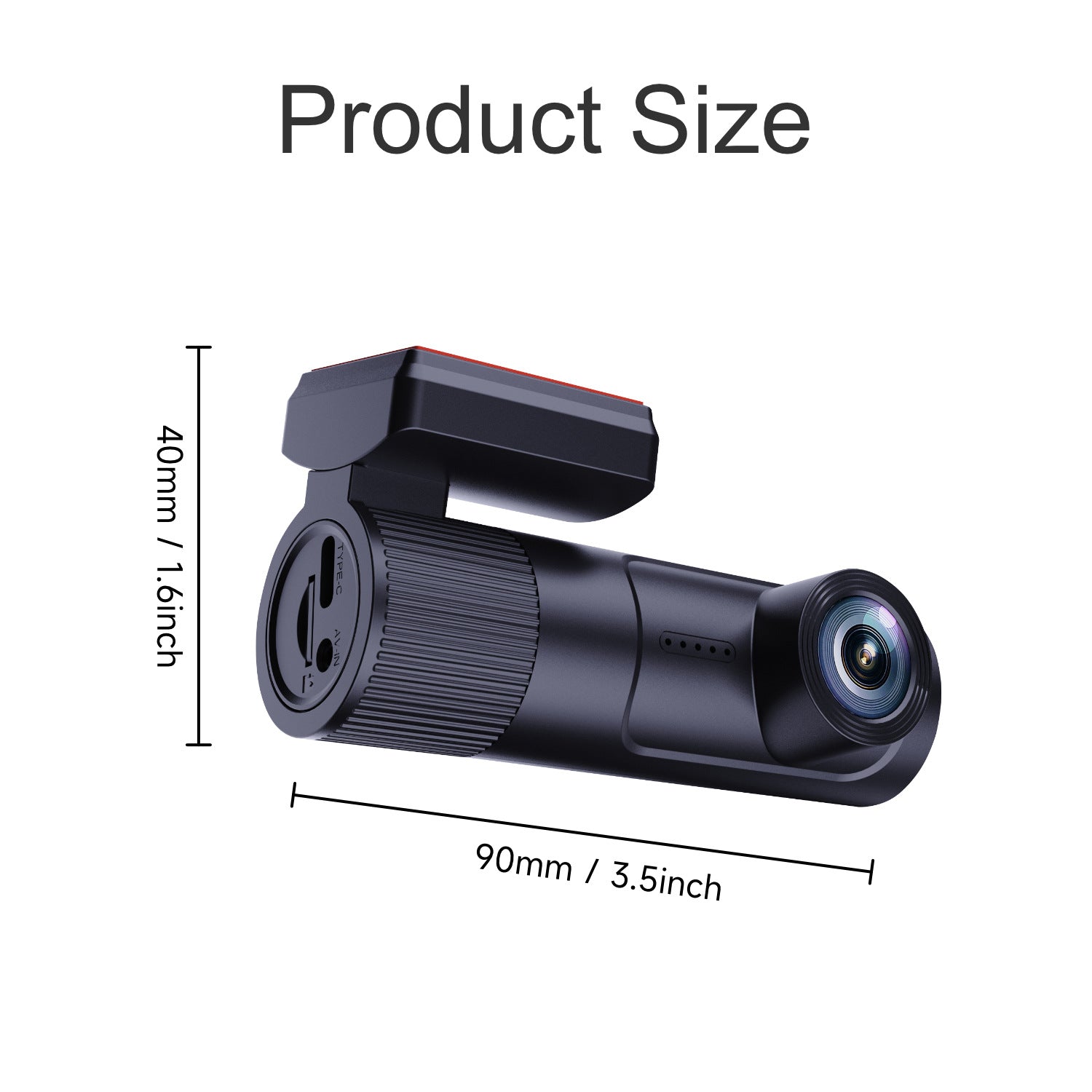 Black camera with measurements on a white background