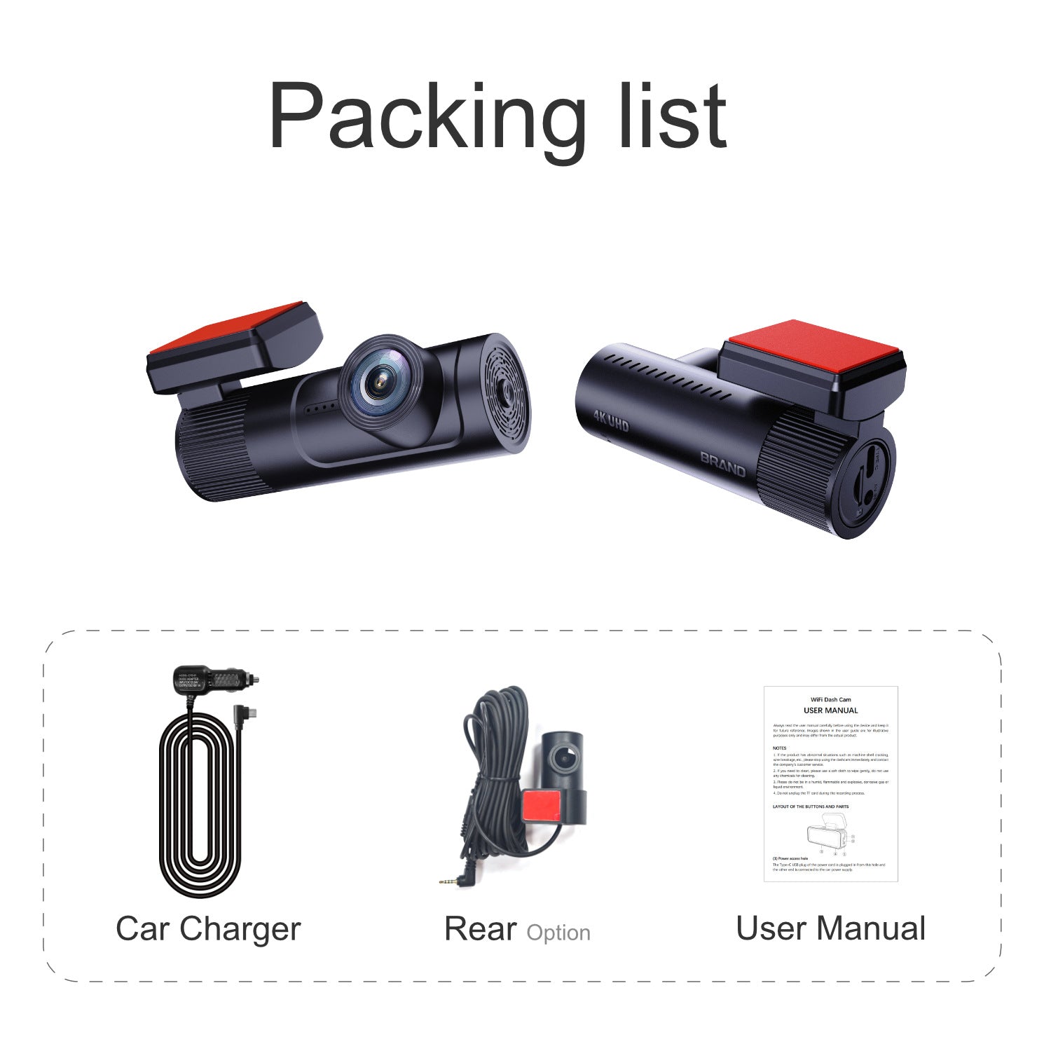 Packing list for a car camera system with camera, car charger, user manual, and rear option on a white background.