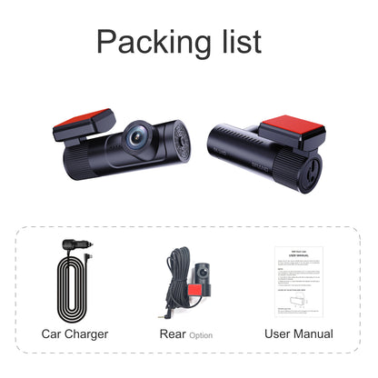 Packing list for a car camera system with camera, car charger, user manual, and rear option on a white background.