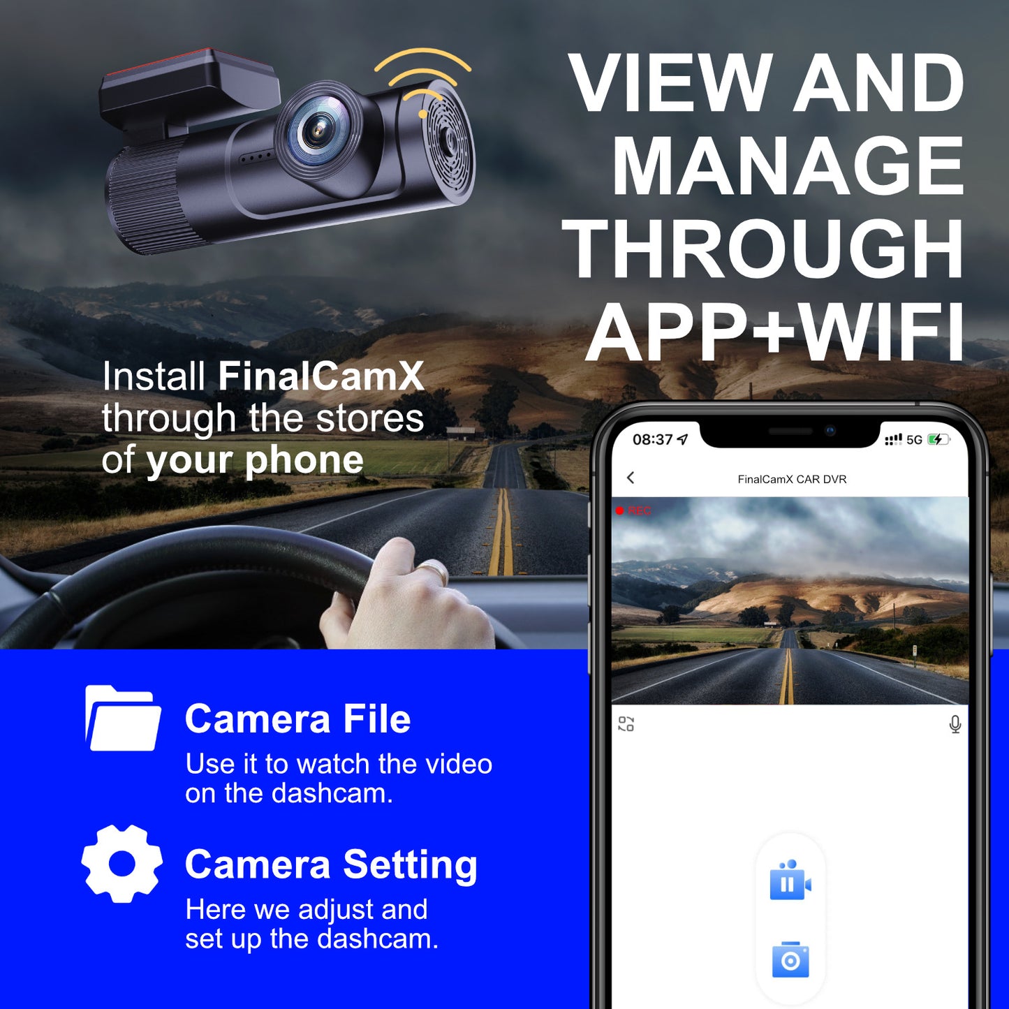 Car dashboard with a dashcam and smartphone displaying app interface, set against a mountainous road backdrop.