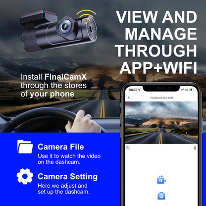Car dashboard with a dashcam and smartphone displaying app interface, set against a mountainous road backdrop.