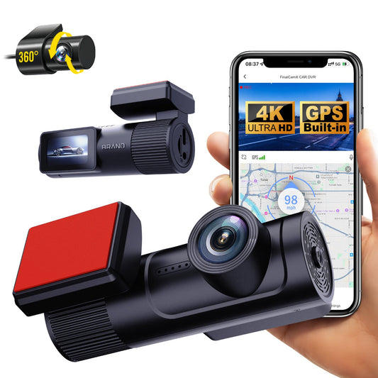 Car dashboard camera with smartphone displaying GPS and map, microSD card, and 360-degree camera icon.
