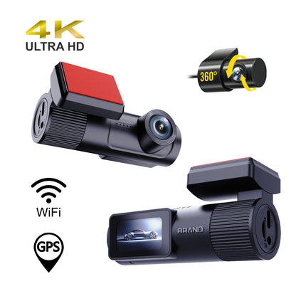 Car dashboard camera with 4K Ultra HD, WiFi, and GPS features on a white background.