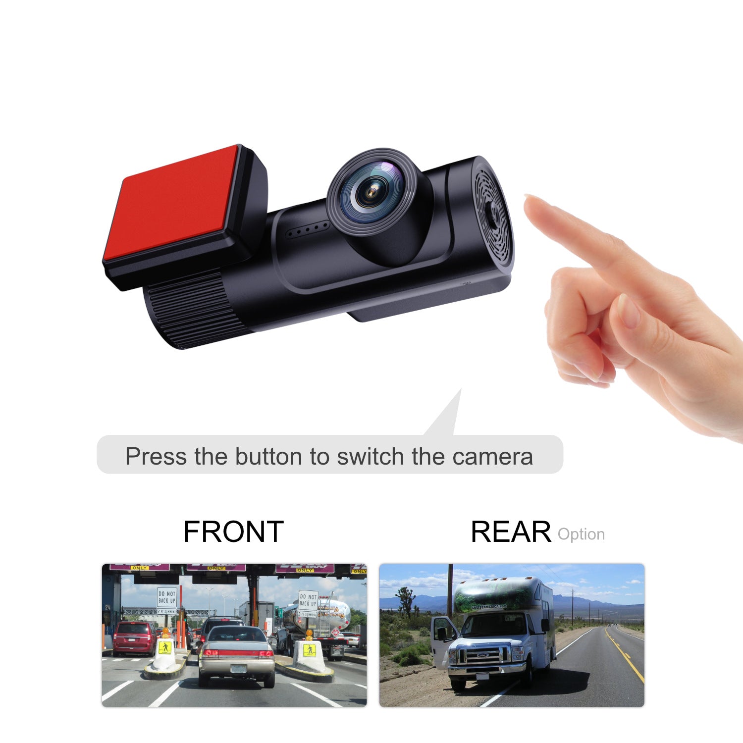 Car camera with switch between front and rear views, showing road scenes.
