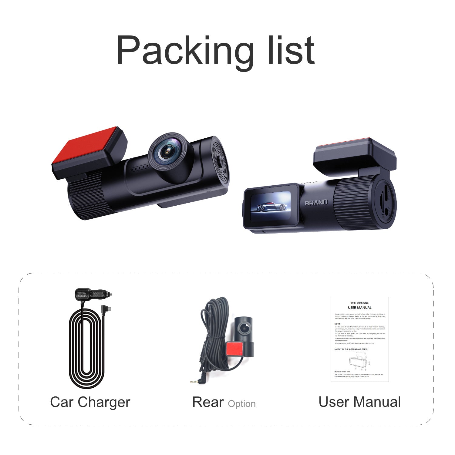 Packing list for a car camera system with two cameras, car charger, rear option, and user manual on a white background.