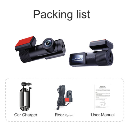 Packing list for a car camera system with two cameras, car charger, rear option, and user manual on a white background.