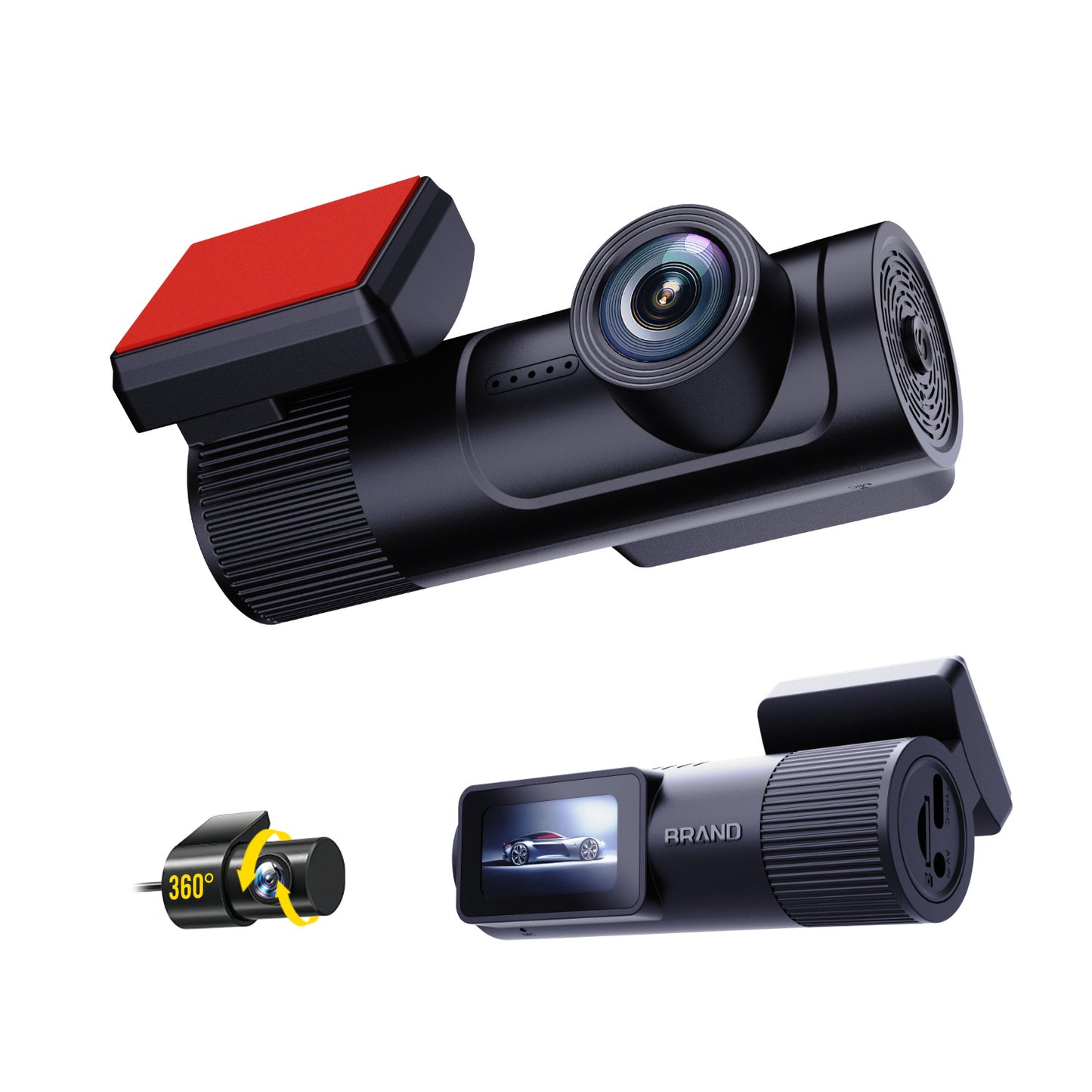 Car dashboard camera with additional accessories on a white background